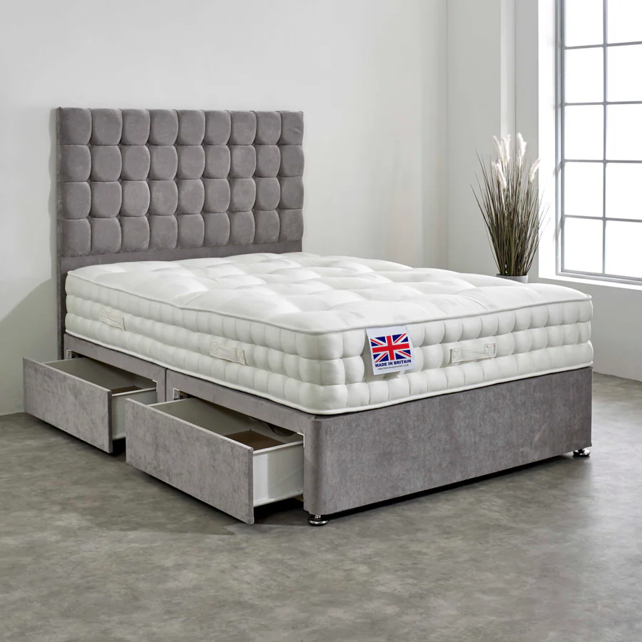 Super King Divan Bed Set with Diamond Studded Cube Headboard
