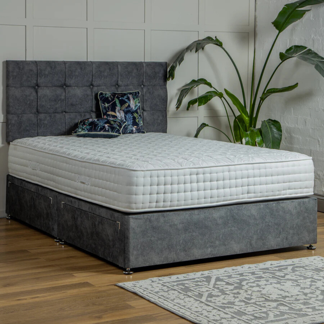 King Divan Bed Set with Diamond Studded Cube Headboard