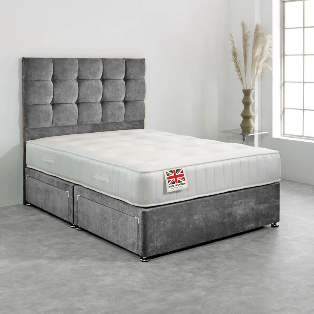 Small Double Divan Bed Set with Diamond Studded Cube Headboard 1