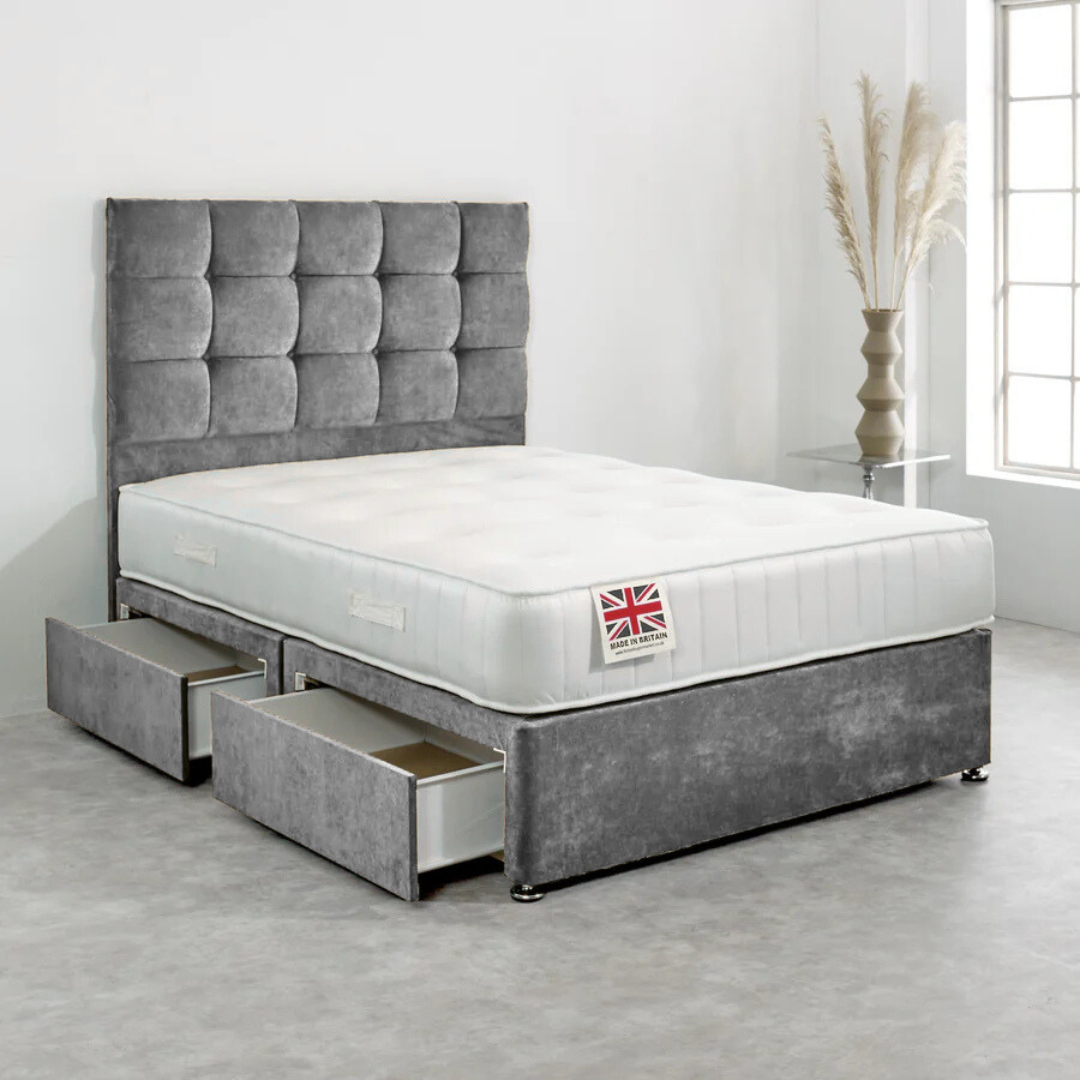 Small Double Divan Bed Set with Diamond Studded Cube Headboard 2