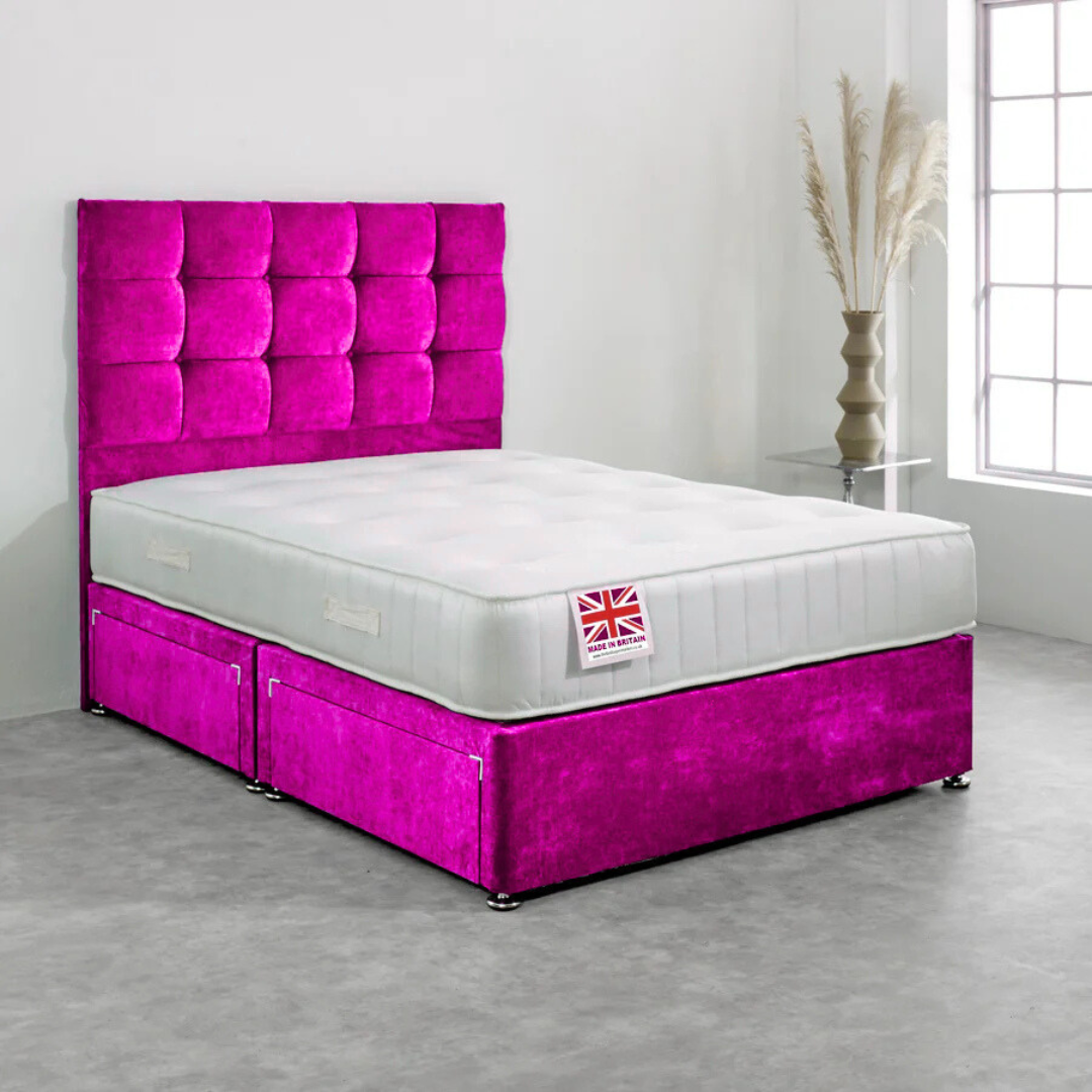Double Divan Bed Set with Diamond Studded Cube Headboard - Image 2